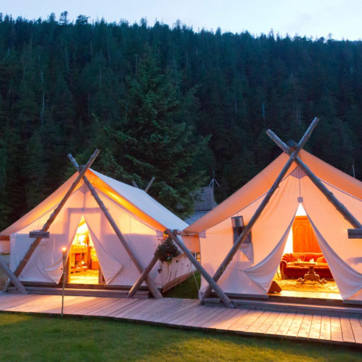 Two tents sit beside each other in a forest, warm light illuminates the interiors. 