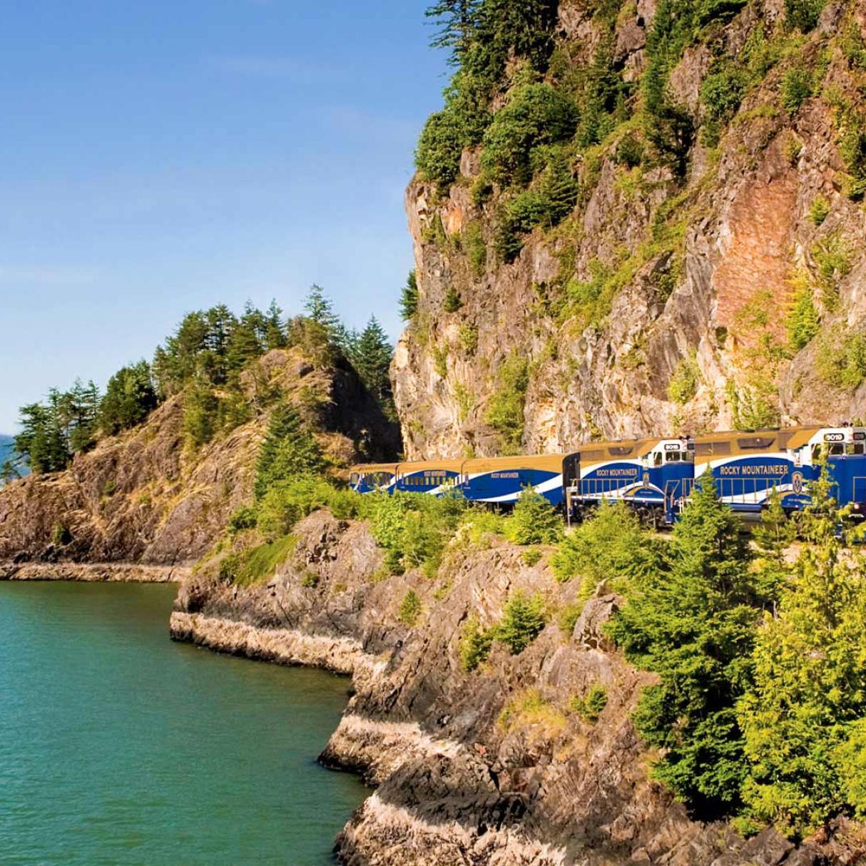 Rocky Mountaineer train by the water