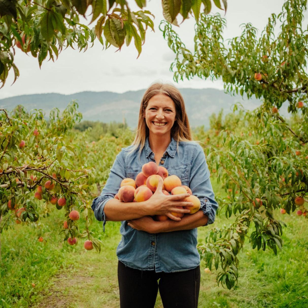 A woman holding peaches in an orchard.