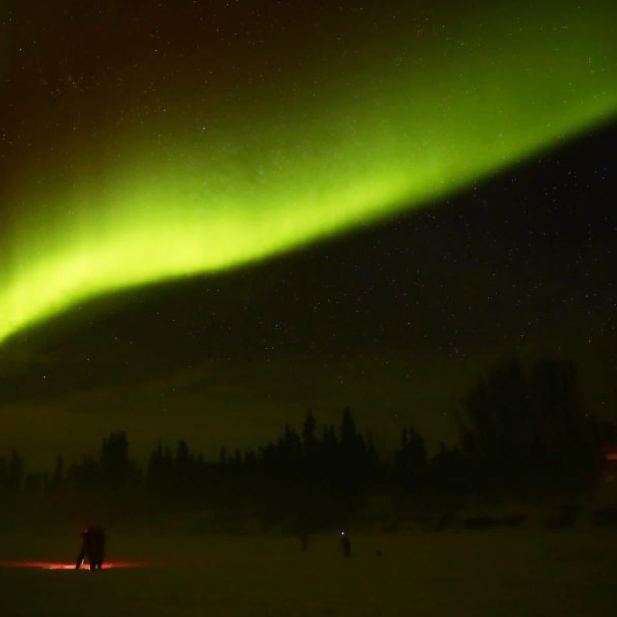 Green and yellow northern lights span across a ligth sky while below small groups of people stand gazing up. 